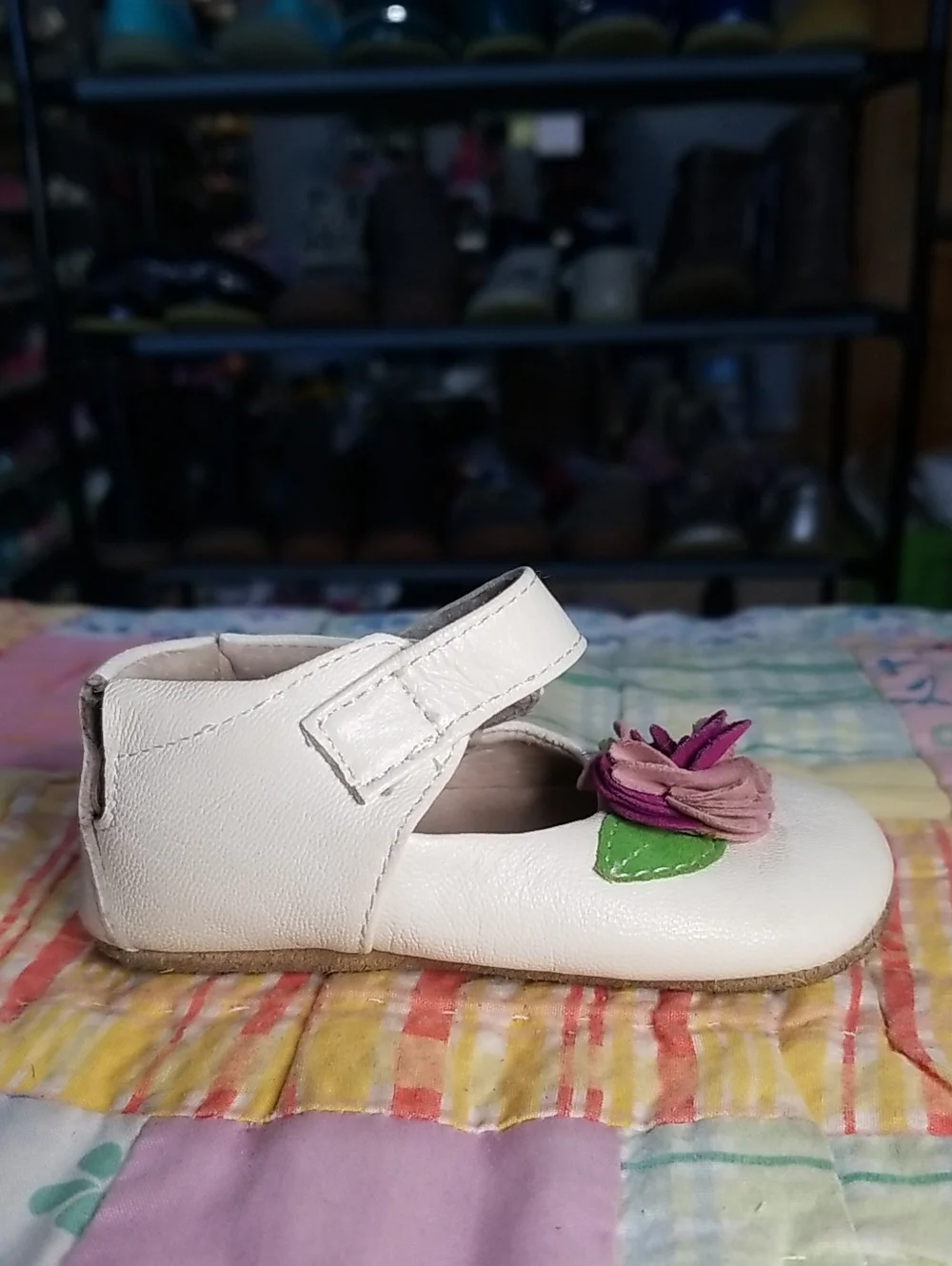 Livie & Luca White Leather Mary Jane Shoes with Purple & Pink Suede Flower 6-12